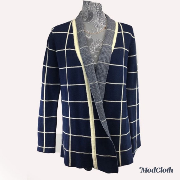 Modcloth Sweaters - ModCloth Sz M Med Blue White Window Pane Cardigan